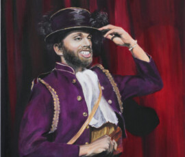 Oil painting of a ring master with a red curtain back ground