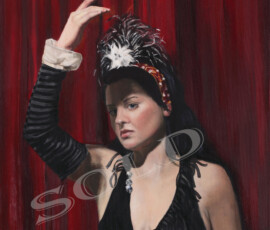 Oil painting of a girl trap ease artist in the circus
