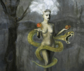 Oiil painting of Eve by June Hankins. Stark background with nude woman and a snake and apple