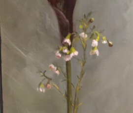 Oil painting of a single flower on a gray back ground