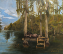 An oil painting of a nude girl on a diving dock in Blue Springs Florida pointing at a turtle by June Hankins